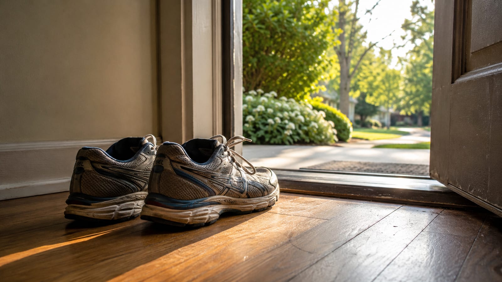 Un paio di scarpe da corsa consumate accanto a una porta aperta con la luce del mattino che entra