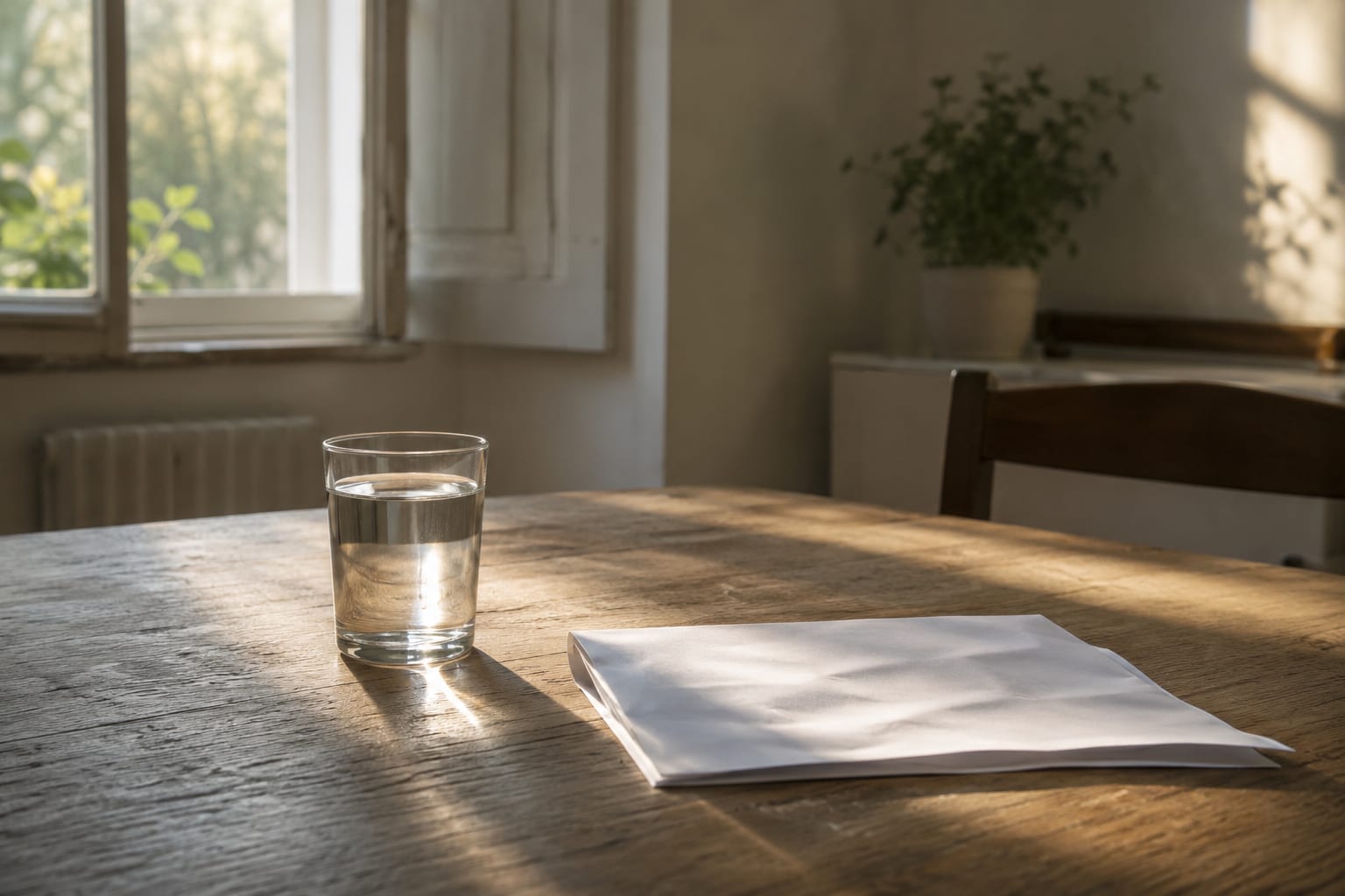 Un bicchiere d'acqua e un foglio piegato su un tavolo di legno in una stanza luminosa e silenziosa