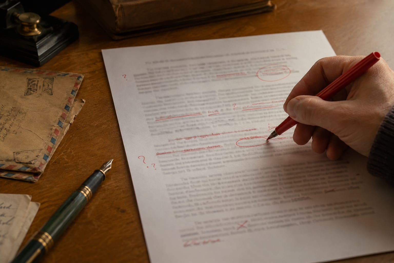 Una mano corregge con la penna rossa il testo stampato di una email, accanto a una penna stilografica e alcune buste