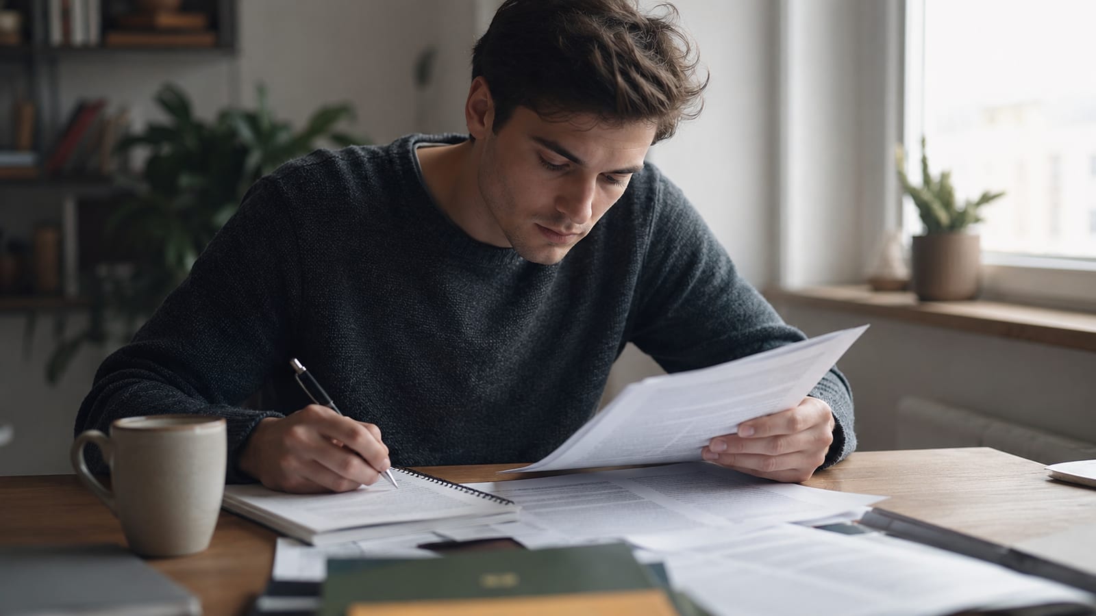 Una persona adulta studia inglese avanzato leggendo un testo denso a una scrivania