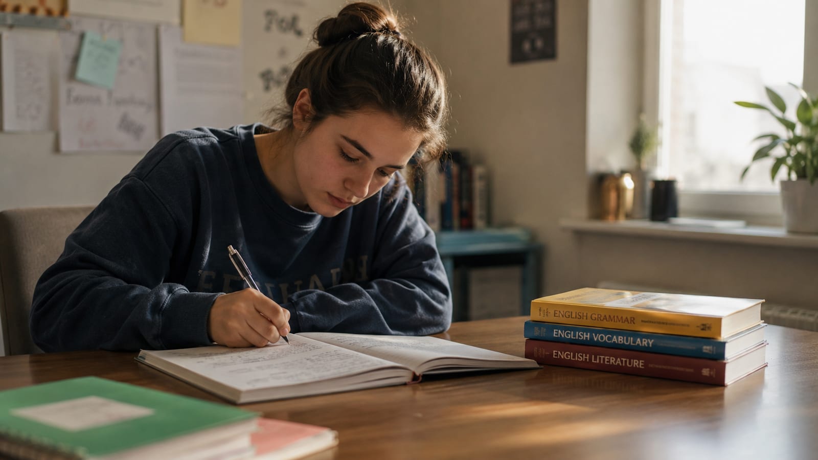 Una persona studia inglese a una scrivania luminosa con alcuni libri impilati