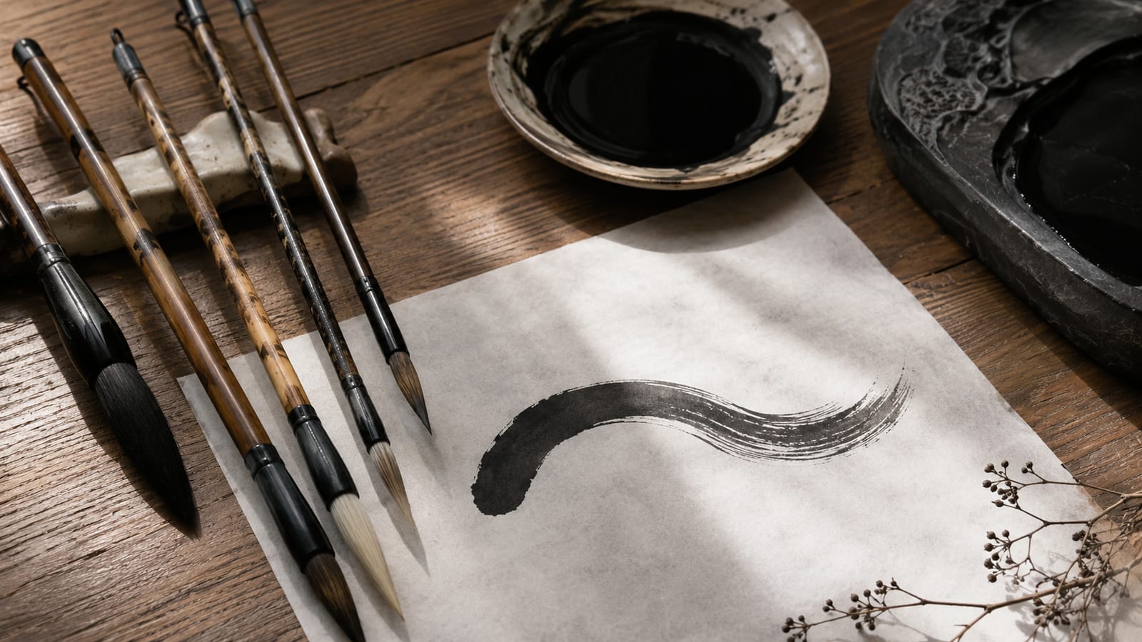 Pennelli da calligrafia cinese, una pietra da inchiostro e un foglio di carta di riso con una pennellata