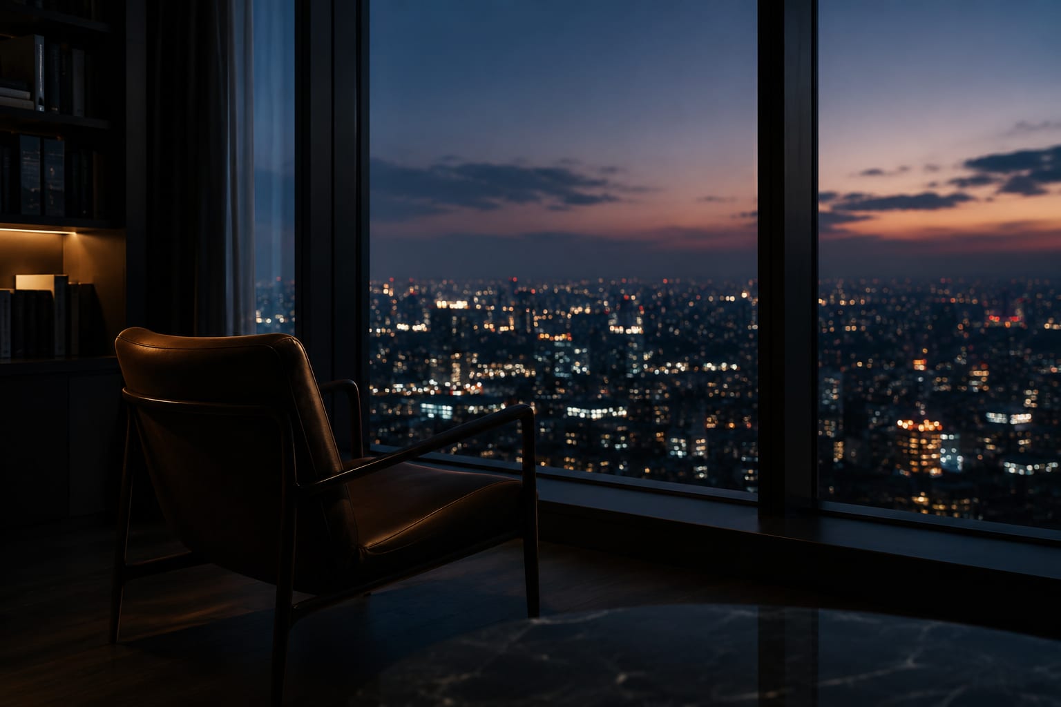 Una sedia vuota davanti a una grande vetrata in alto sopra una città al tramonto, luci della città in basso