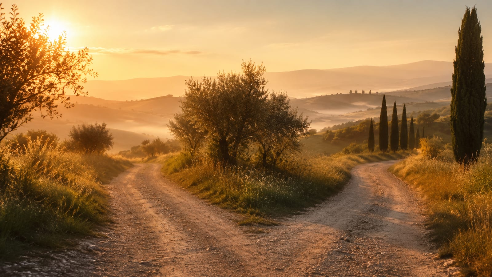 Un sentiero di campagna toscana che si biforca in due direzioni all'alba, luce morbida del mattino