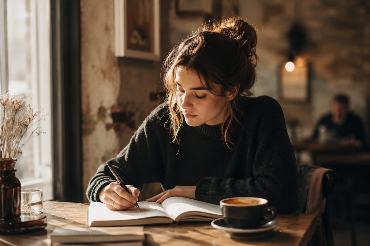 Studente che studia con libri e appunti in un cafe