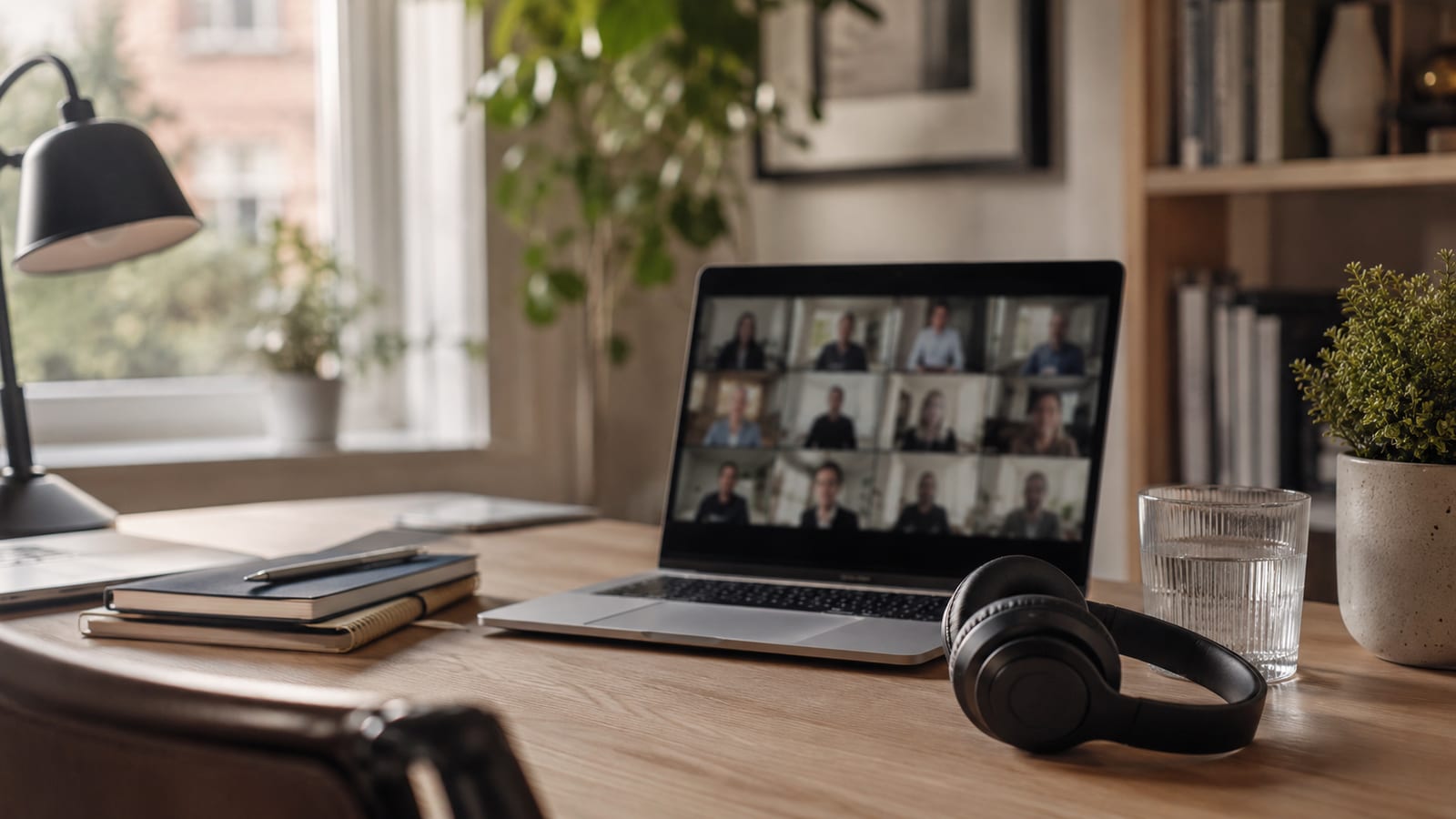 Un laptop su una scrivania mostra una videochiamata di lavoro con molti partecipanti, accanto a cuffie e un bicchiere d'acqua