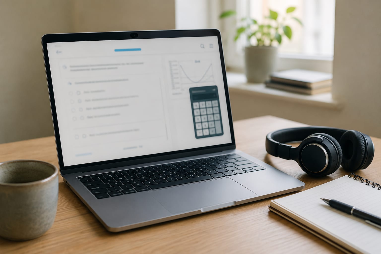 Un laptop su una scrivania mostra un'interfaccia di test digitale con calcolatrice a schermo, accanto cuffie e quaderno