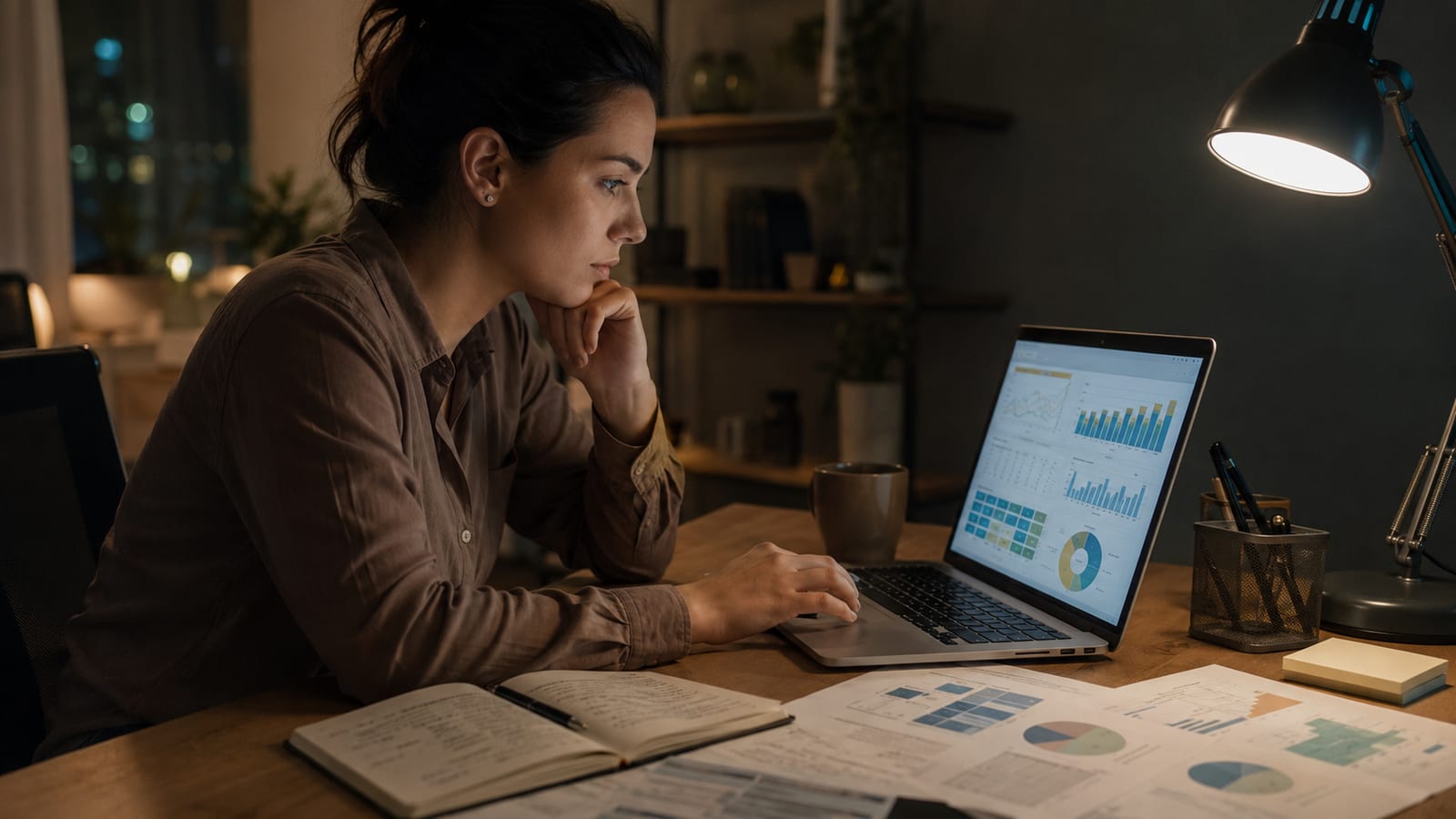 Un giovane professionista analizza grafici e dati su un laptop con appunti accanto