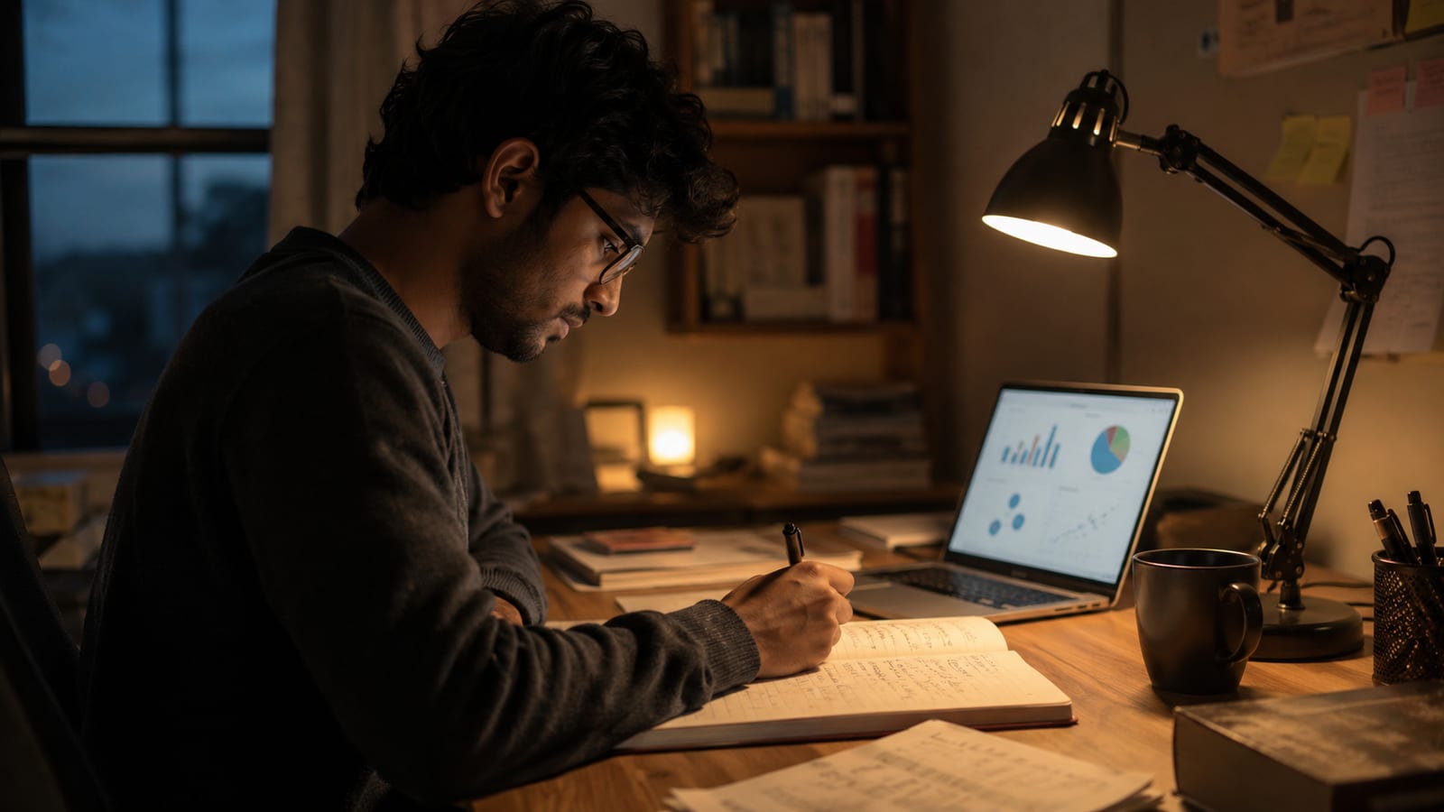 Un giovane professionista studia per un test di ammissione con grafici di dati sul laptop