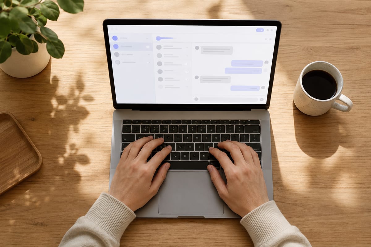 Laptop aperto con interfaccia IA su una scrivania ordinata