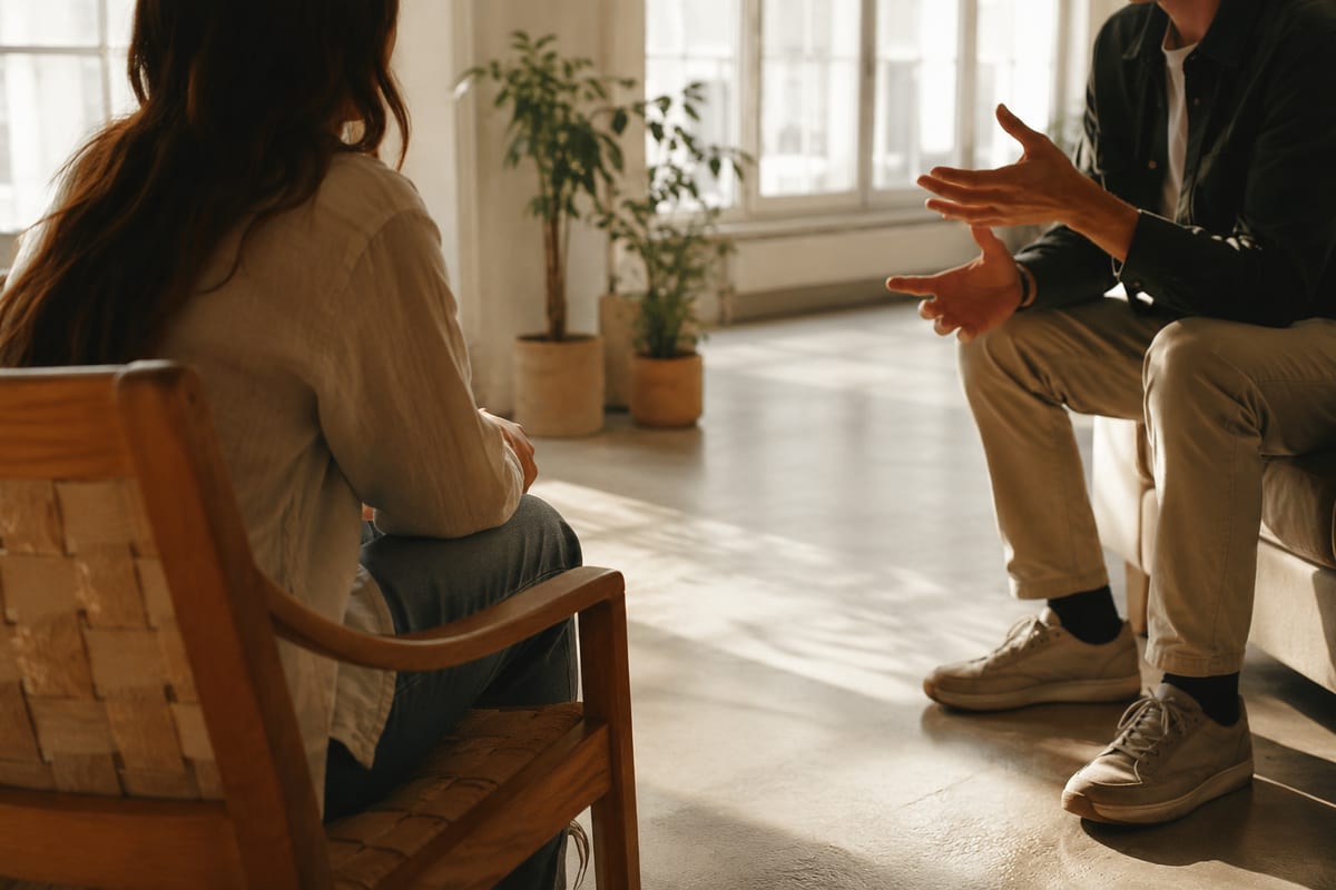 Due persone in una sessione di coaching in uno spazio luminoso