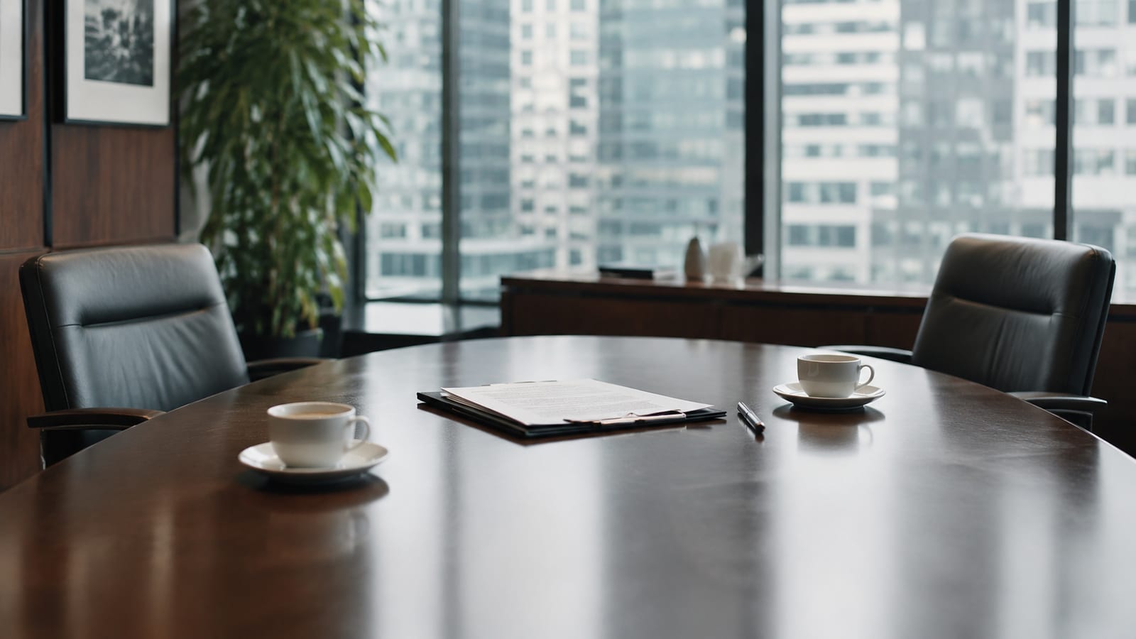 Un tavolo da riunione lucido con due sedie e due tazze di caffè, pronto per una trattativa, davanti a una vetrata sui grattacieli