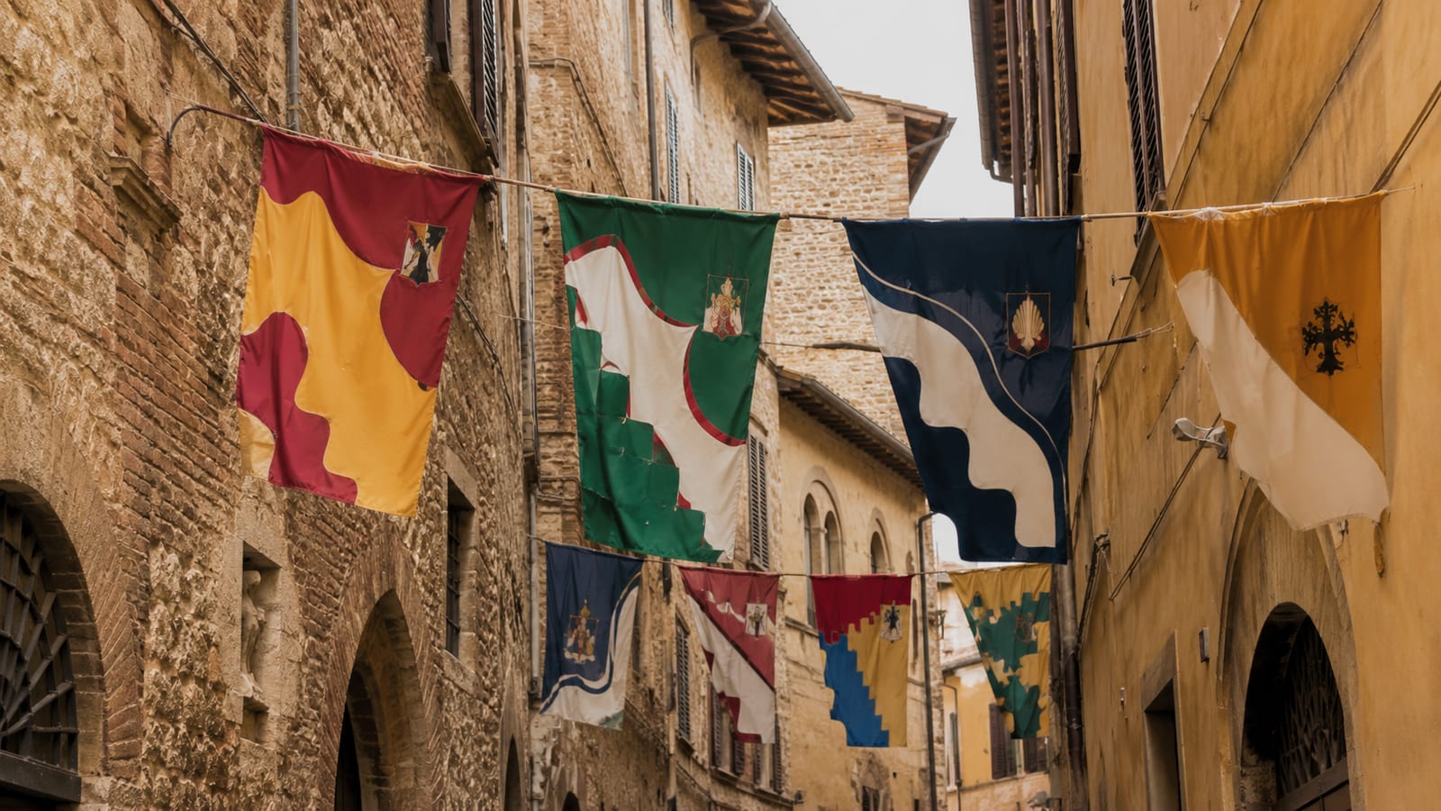 Bandiere di seta colorate delle contrade appese in una stretta via medievale di Siena