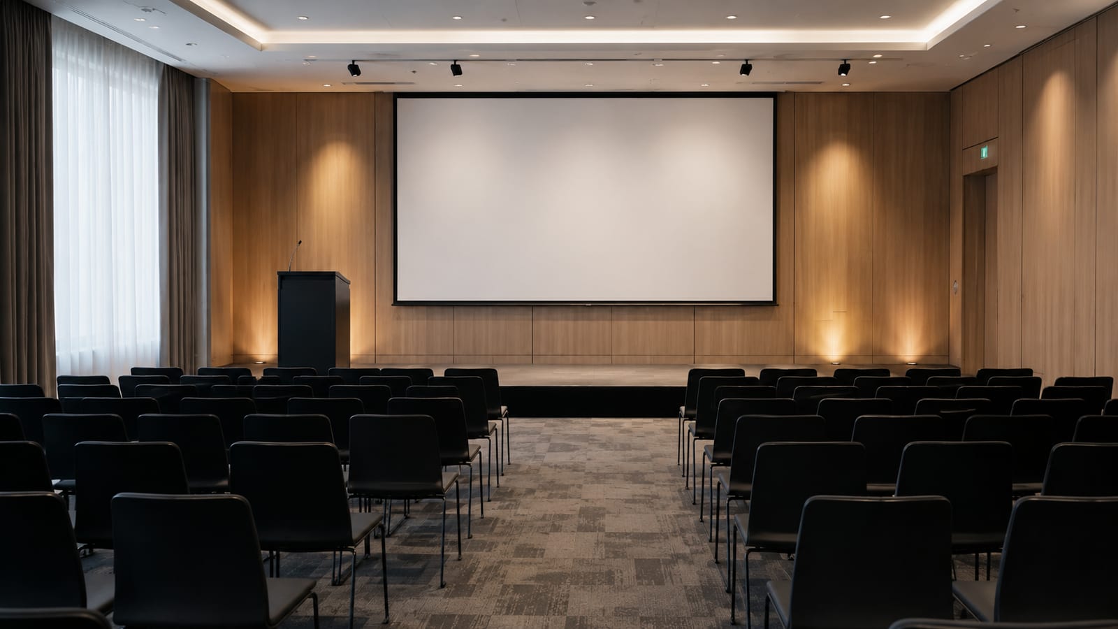 Una sala conferenze vuota con file di sedie, un leggio e un grande schermo per le presentazioni