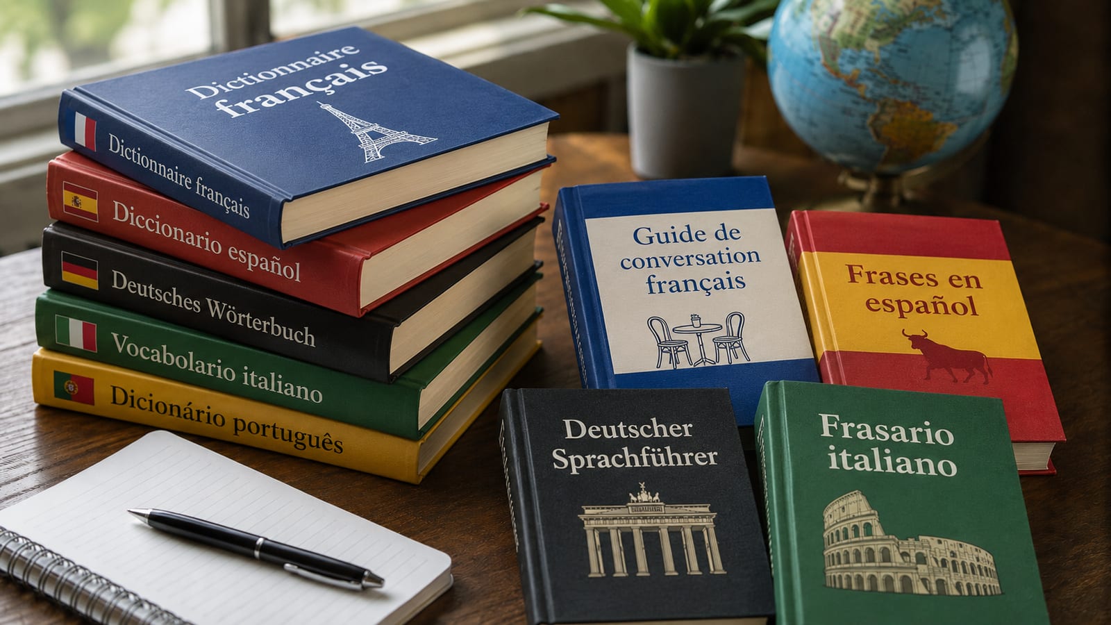 Diversi dizionari e frasari di lingue straniere impilati su una scrivania accanto a un quaderno