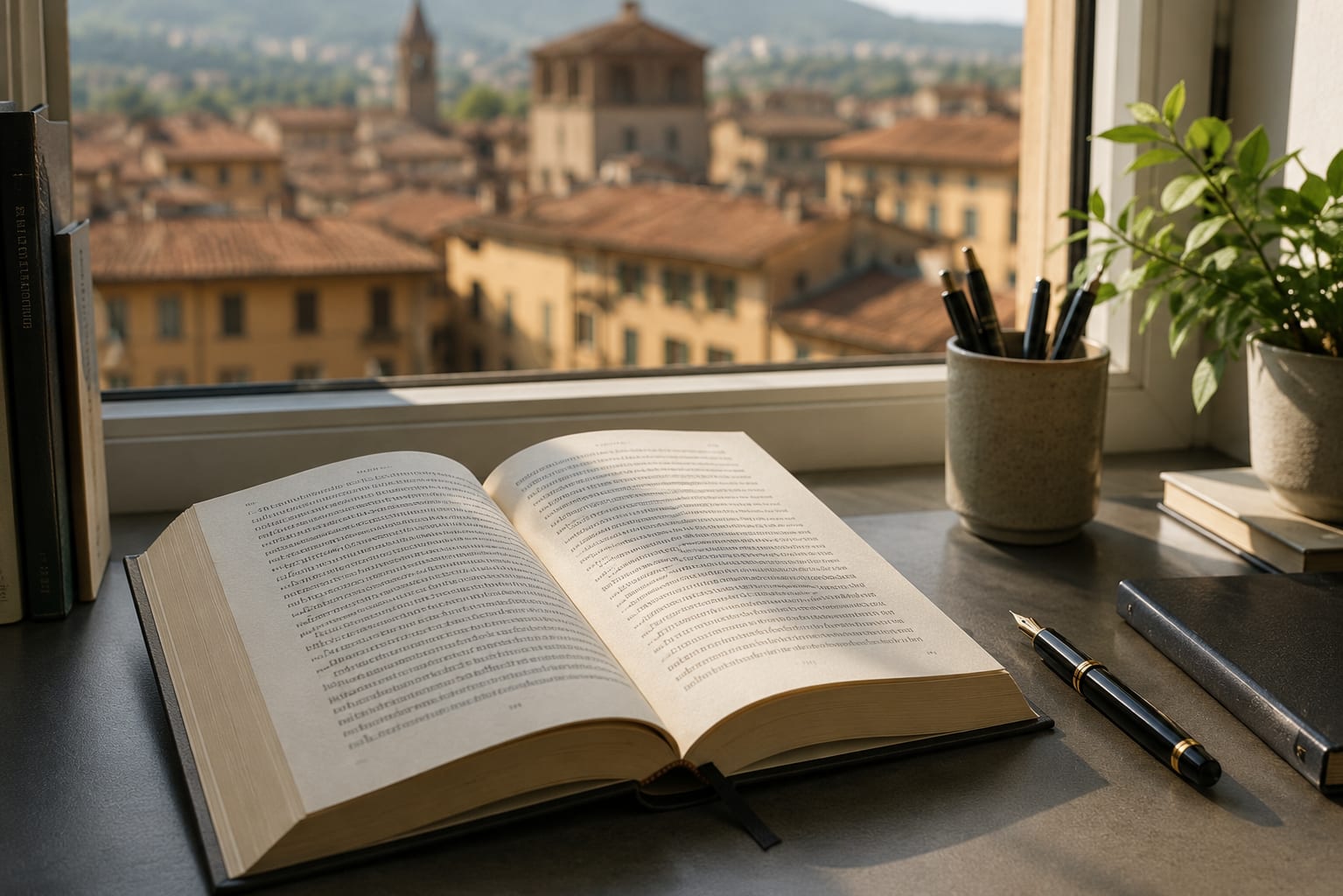 Un libro di tedesco aperto e una penna stilografica su una scrivania davanti a una finestra