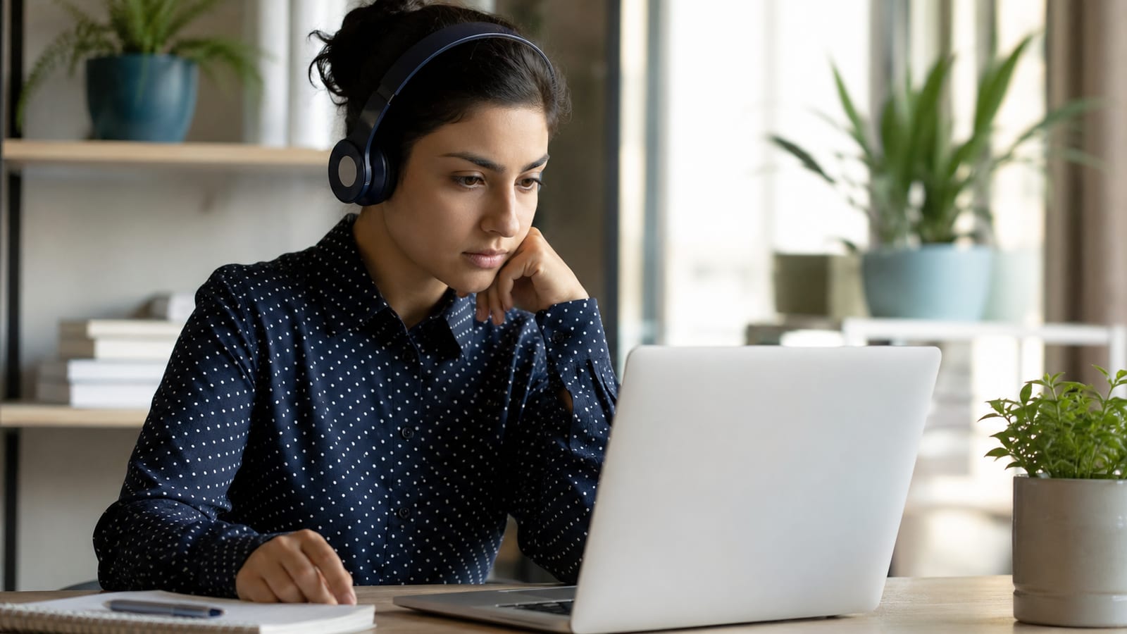 Uno studente con cuffie davanti a un laptop durante un test di inglese