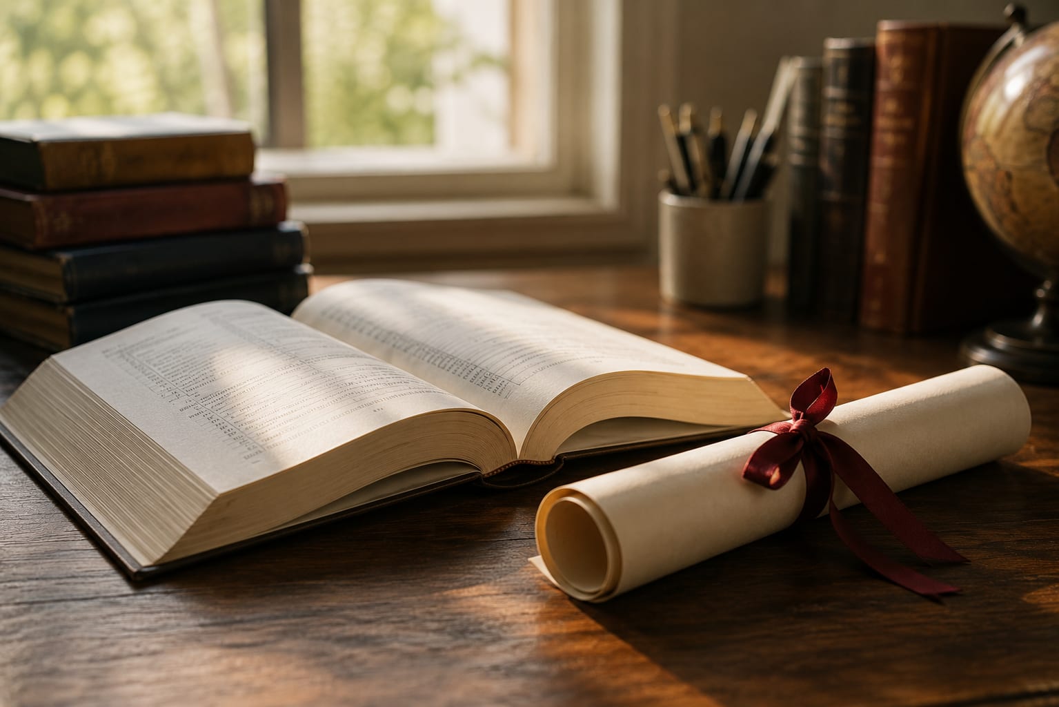 Un libro di inglese aperto e un certificato arrotolato con un nastro su una scrivania di legno