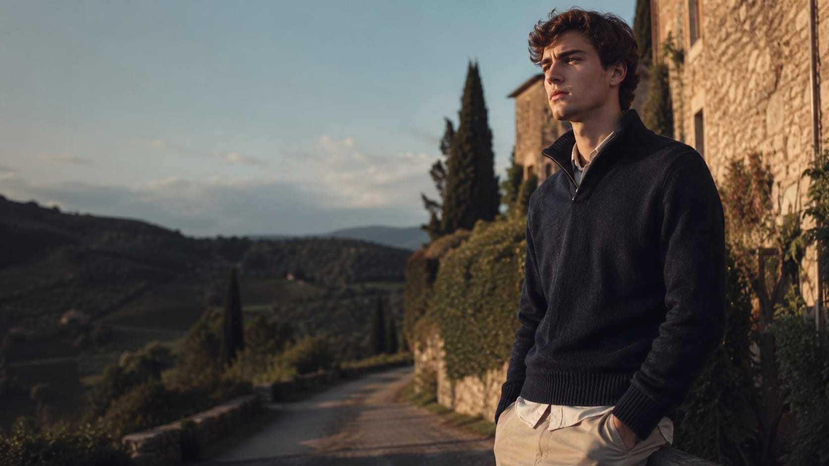 Giovane su una strada toscana nella luce dorata del tramonto